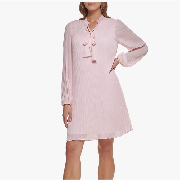 Dkny Dresses & Skirts - DKNY Womens Pink Tie Neck Long Sleeve Classic Look Pleated Swing Dress Size 12